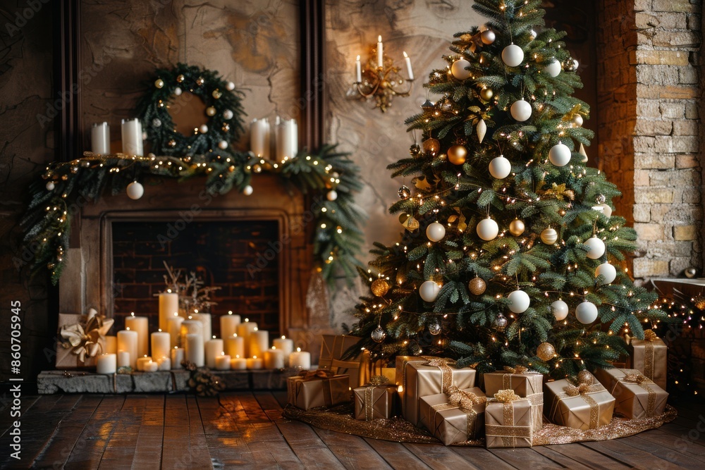 Christmas tree with gold balls and gold gifts. New Year's decor with a Christmas tree, balls, candles and gifts. Postcard for Christmas or New Year. Christmas tree with gold balls and gold gifts. New Year's decor with a Christmas tree, balls, candles and gifts. Postcard for Christmas or New Year.