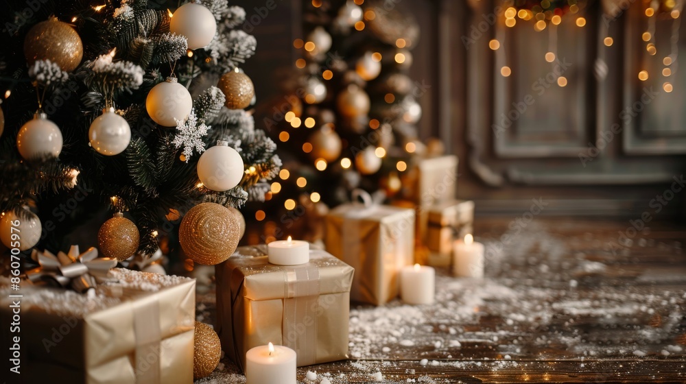Christmas tree with gold balls and gold gifts. New Year's decor with a Christmas tree, balls, candles and gifts. Postcard for Christmas or New Year. Christmas tree with gold balls and gold gifts. New Year's decor with a Christmas tree, balls, candles and gifts. Postcard for Christmas or New Year.