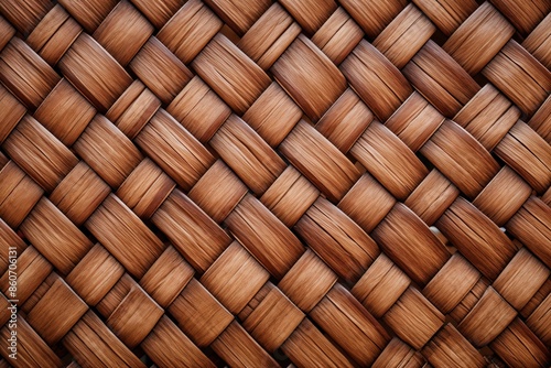 Close-up photo of a woven bamboo texture in shades of brown, showcasing detailed craftsmanship and natural patterns.