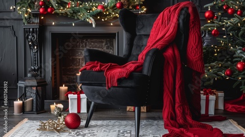 Christmas black armchair with a red blanket. New Year's decor from fir branches and balls. Christmas card for furniture stores or gift shops.