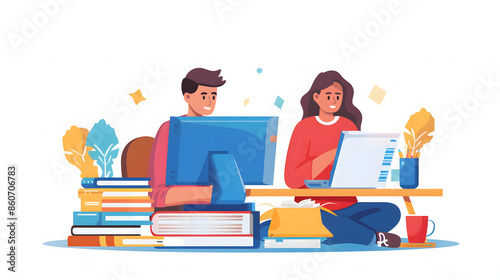 online class, online education concept, distance learning from home, student using computer assign homework to teacher, vector flat illustration isolated on white background, png