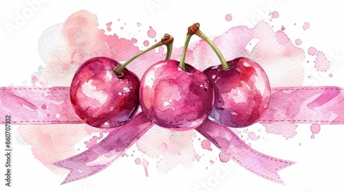 Watercolor cherries with pink ribbon