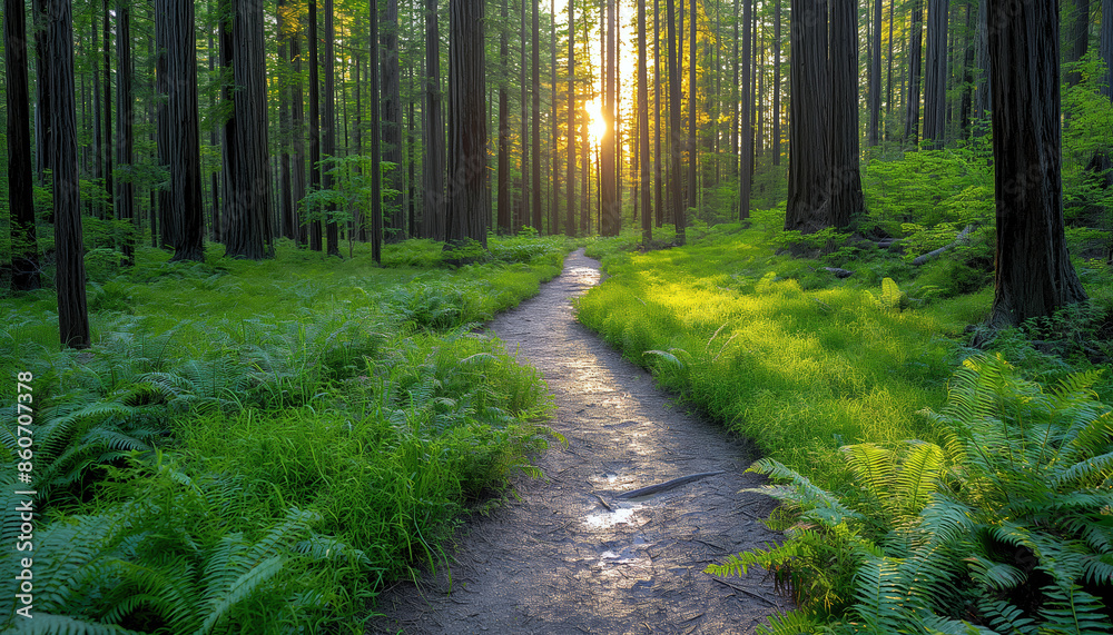 Obraz premium Sunlit Path Through a Lush Forest