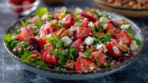 Fresh and colorful strawberry walnut salad with feta cheese on a rustic dark background, perfect for a healthy and delicious meal. © ngstock