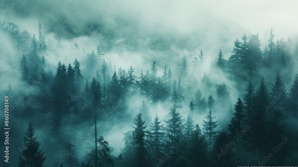 Fototapeta premium Enigmatic mist envelops forest