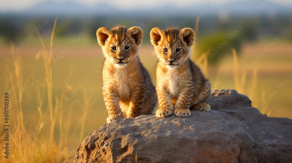 Obraz premium A captivating image of two lion cubs sitting together on a rock, set against the backdrop of their natural habitat. The scene highlights their innocence and the beauty of wildlife.