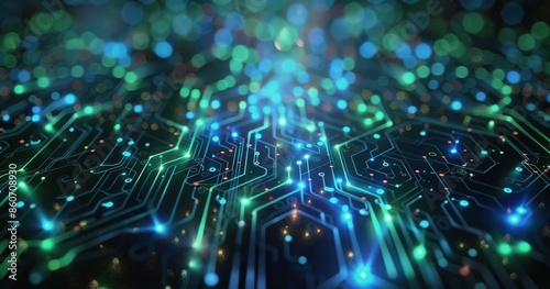 Abstract Circuit Board With Glowing Blue, Orange, and Green Lines