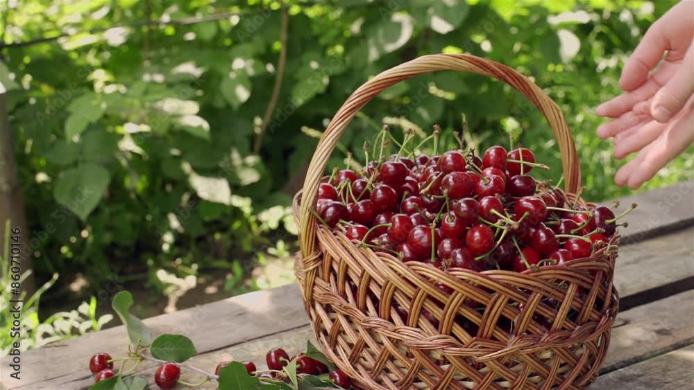 harvesting red cherries. hands of a farmer put picked berries in a wooden basket. harvesting red cherries. hands of a farmer put picked berries in a wooden basket.