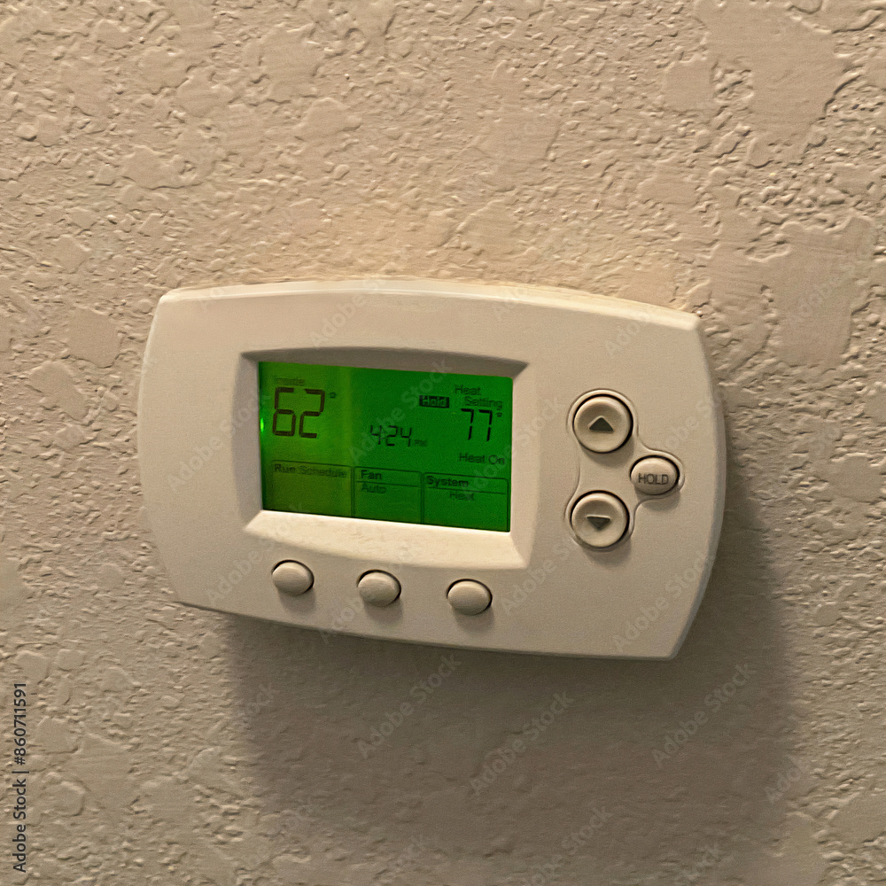 House wall HVAC thermostat air conditioning digital control panel. House wall HVAC thermostat air conditioning digital control panel.