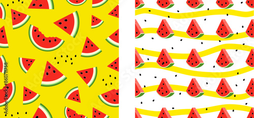 Set seamless pattern with slice watermelon. juicy water melon pattern on white and yellow background. Collection modern Vector pattern.