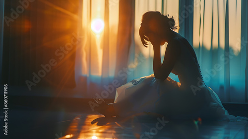 Breakup Concept Sad Girl Ripping Wedding Photo With ExHusband After Divorce Indoor Selective Focus : Generative AI photo