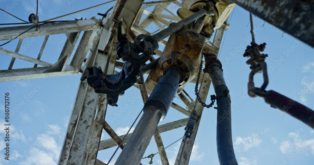 Working equipment with the rotating pole on the metal tower. Low angle view on the machines drilling the oil. Working equipment with the rotating pole on the metal tower. Low angle view on the machines drilling the oil.