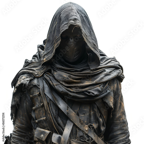  image of a hooded rogue warrior dressed in dark, tattered clothing, isolated on white background