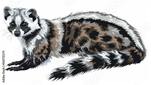 An illustration of an adorable civet cat lying down, highlighting its detailed fur patterns, capturing the essence of its charm and inviting a sense of warmth. photo