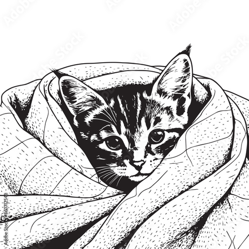  Kitten snuggled in a blanket vector illustraion