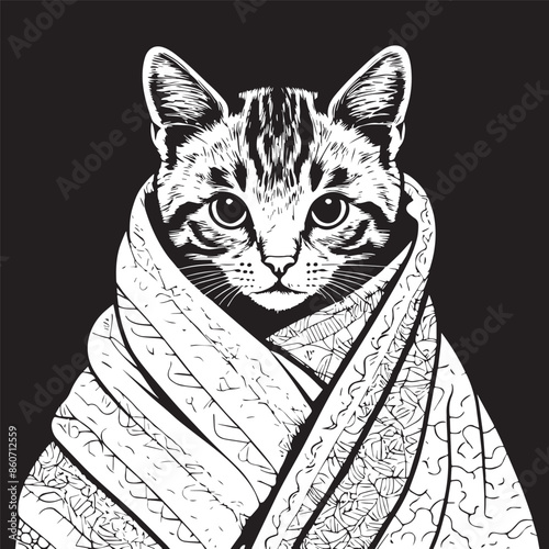  Kitten snuggled in a blanket vector illustraion