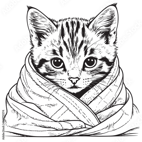  Kitten snuggled in a blanket vector illustraion