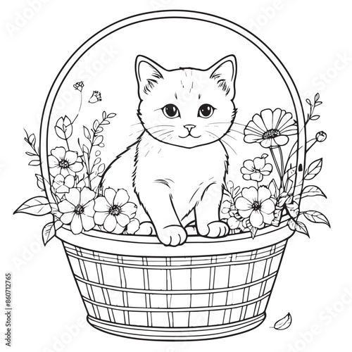 Kitten in a basket of flowers vector illustraion