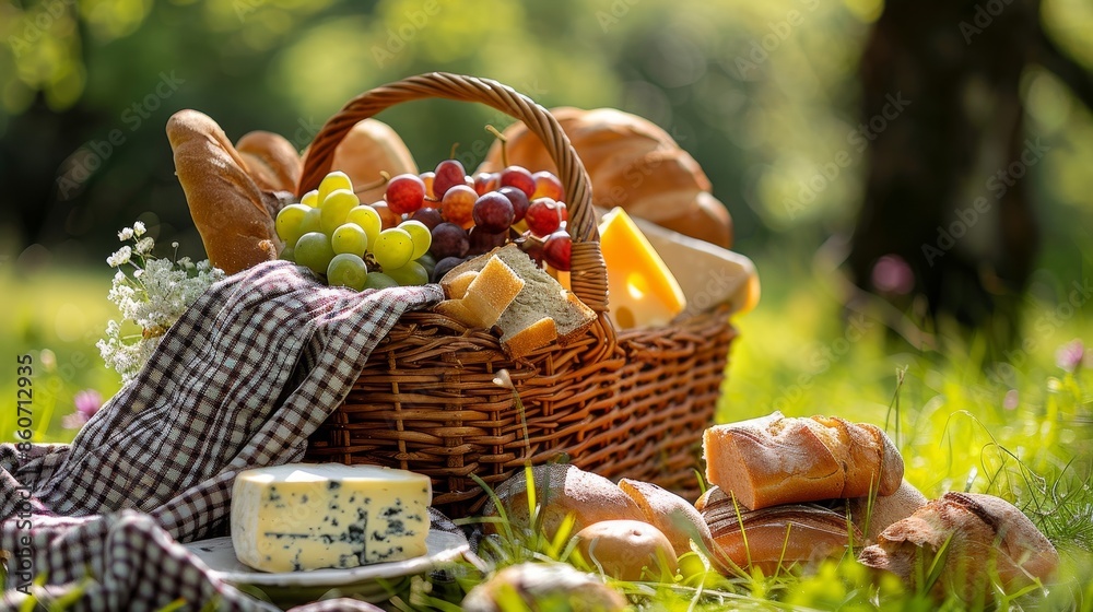 Delightful picnic basket with assorted food items including bread, cheese, and fruits set on a green meadow, perfect for outdoor gatherings. Delightful picnic basket with assorted food items including bread, cheese, and fruits set on a green meadow, perfect for outdoor gatherings.