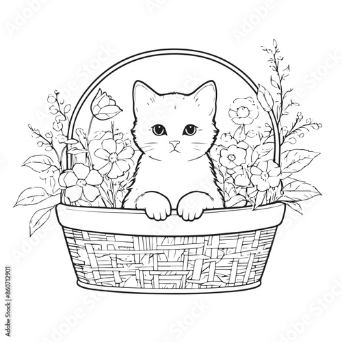 Kitten in a basket of flowers vector illustraion