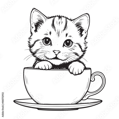 Kitten peeking out from a teacup Vector illustraion
