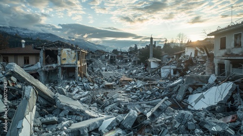 A scene of devastation in a mountain village following a catastrophic earthquake