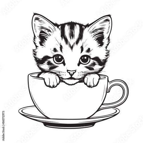 Kitten peeking out from a teacup Vector illustraion
