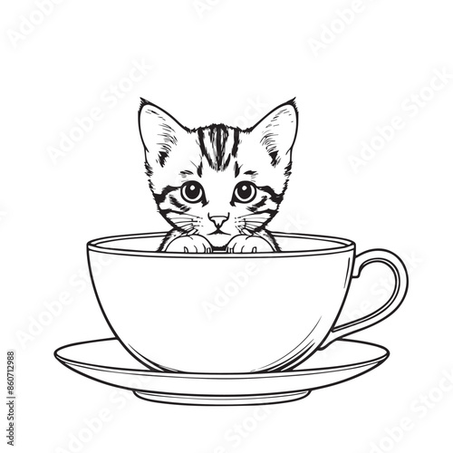 Kitten peeking out from a teacup Vector illustraion
