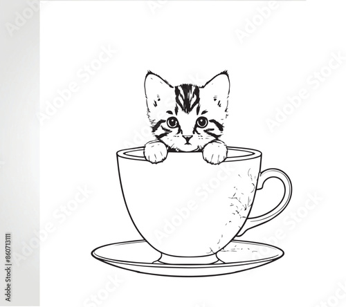 Kitten peeking out from a teacup Vector illustraion
