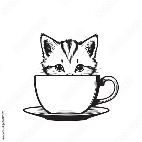 Kitten peeking out from a teacup Vector illustraion
