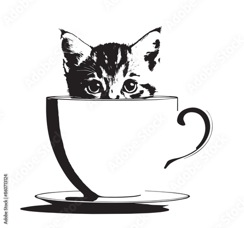 Kitten peeking out from a teacup Vector illustraion
