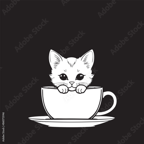 Kitten peeking out from a teacup Vector illustraion
