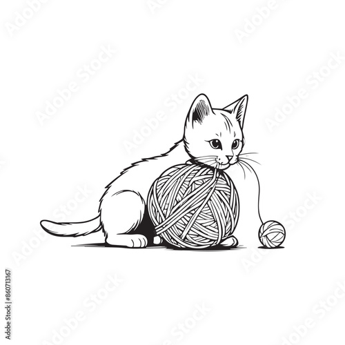 Kitten playing with a ball of yarn Vector illustration