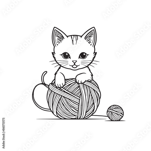 Kitten playing with a ball of yarn Vector illustration