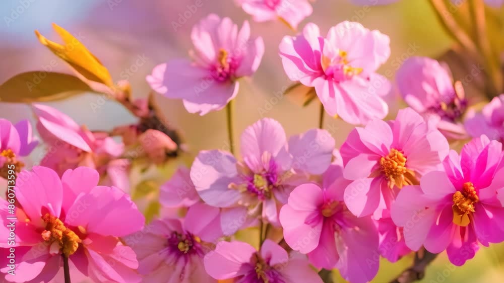 Close-up view of pink cherry blossoms blooming on a tree, Delicate pink cherry blossoms blooming on a tree branch Close-up view of pink cherry blossoms blooming on a tree, Delicate pink cherry blossoms blooming on a tree branch