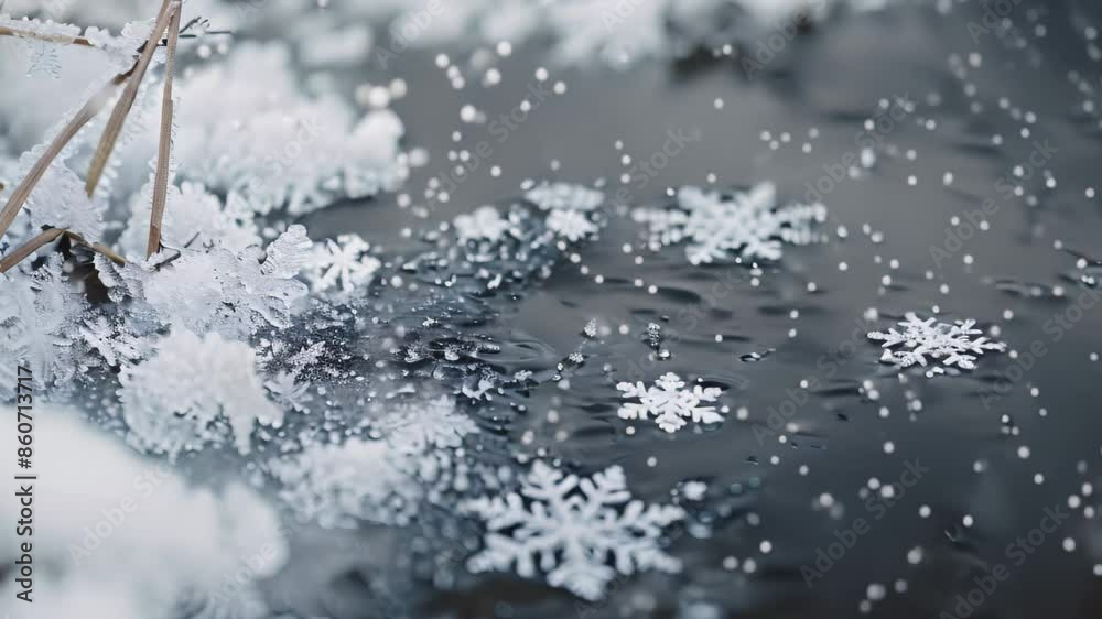 Snowflakes delicately fall onto a frozen pond, creating a serene winter scene, Delicate snowflakes falling gently on a frozen pond Snowflakes delicately fall onto a frozen pond, creating a serene winter scene, Delicate snowflakes falling gently on a frozen pond