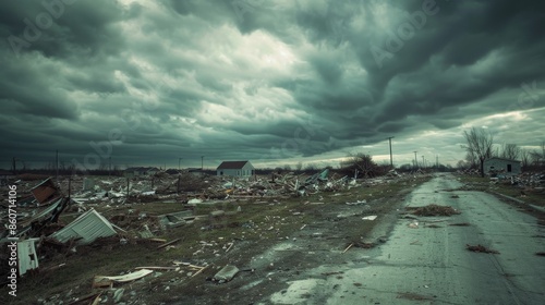 A suburban road strewn with debris after a powerful storm photo