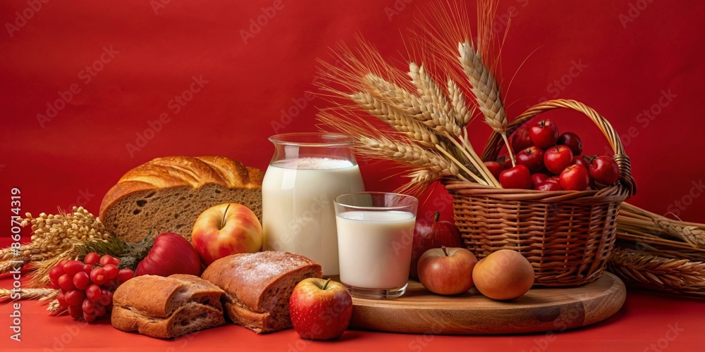 A basket of fruits and bread is on a wooden table with a glass of milk A basket of fruits and bread is on a wooden table with a glass of milk