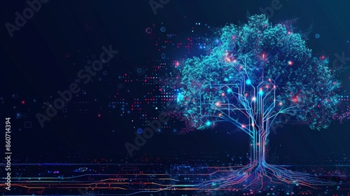 A glowing digital tree with glowing branches and roots photo