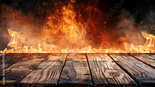 Wooden Table with Fire and Smoke for Product Display