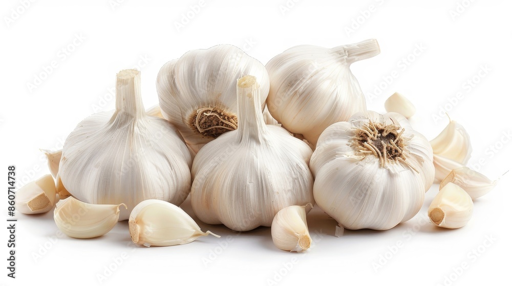 Whole and cut ripe garlic isolated on white wallpaper background Whole and cut ripe garlic isolated on white wallpaper background