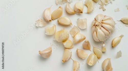 Whole and cut ripe garlic isolated on white wallpaper background © Irina
