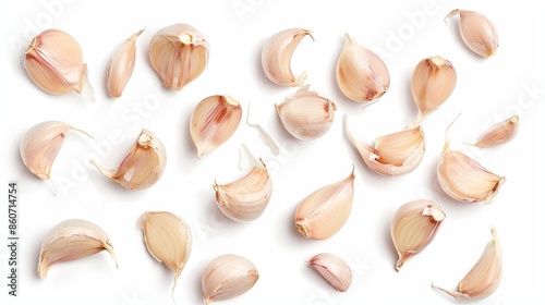 Whole and cut ripe garlic isolated on white wallpaper background
