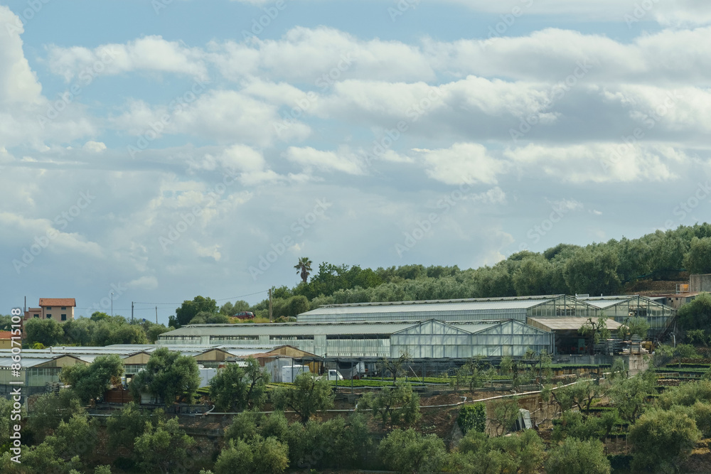 Greenhouses and Trees on a Hill Under a Cloudy Sky Greenhouses and Trees on a Hill Under a Cloudy Sky