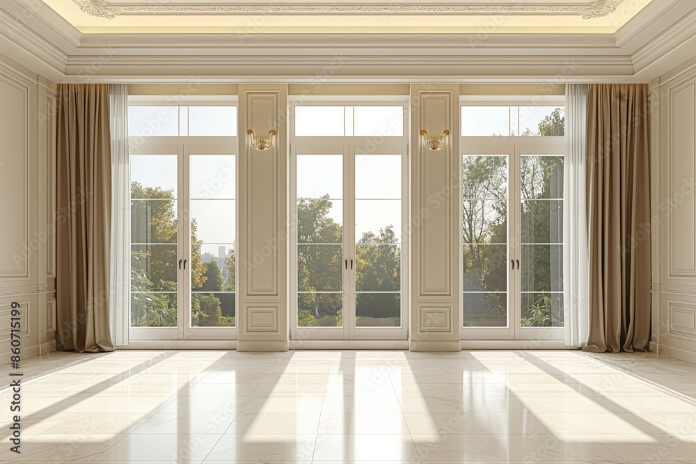 Fototapeta premium An empty spacious room with large windows offering a view to a verdant exterior and abundant natural light