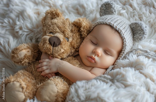 Sleeping Newborn Baby Wearing Knit Hat With Teddy Bear