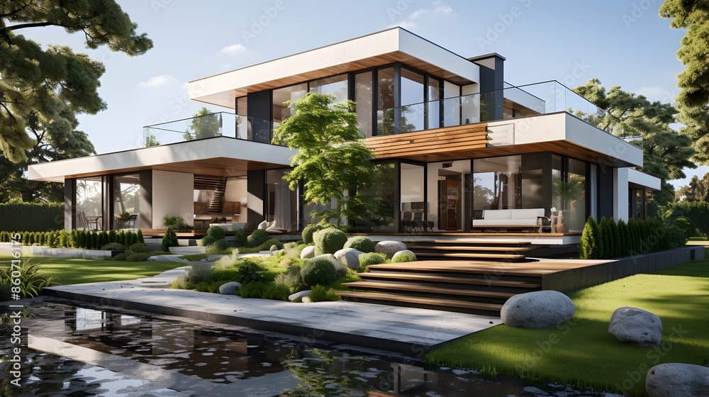 Modern house design, realistic rendering with clean lines, brick exterior, and green front yard Modern house design, realistic rendering with clean lines, brick exterior, and green front yard