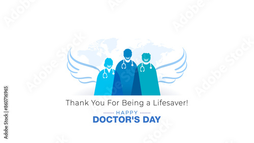 Wishies card of National Doctors' Day. 3 doctors, Vector illustration photo