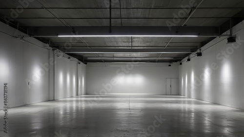 empty large space with white ceilings and black walls. The floor is of rough concrete. warehouse or art gallery in minimal text editing style.