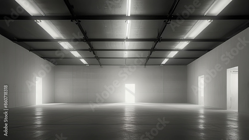 empty large space with white ceilings and black walls. The floor is of rough concrete. warehouse or art gallery in minimal text editing style.